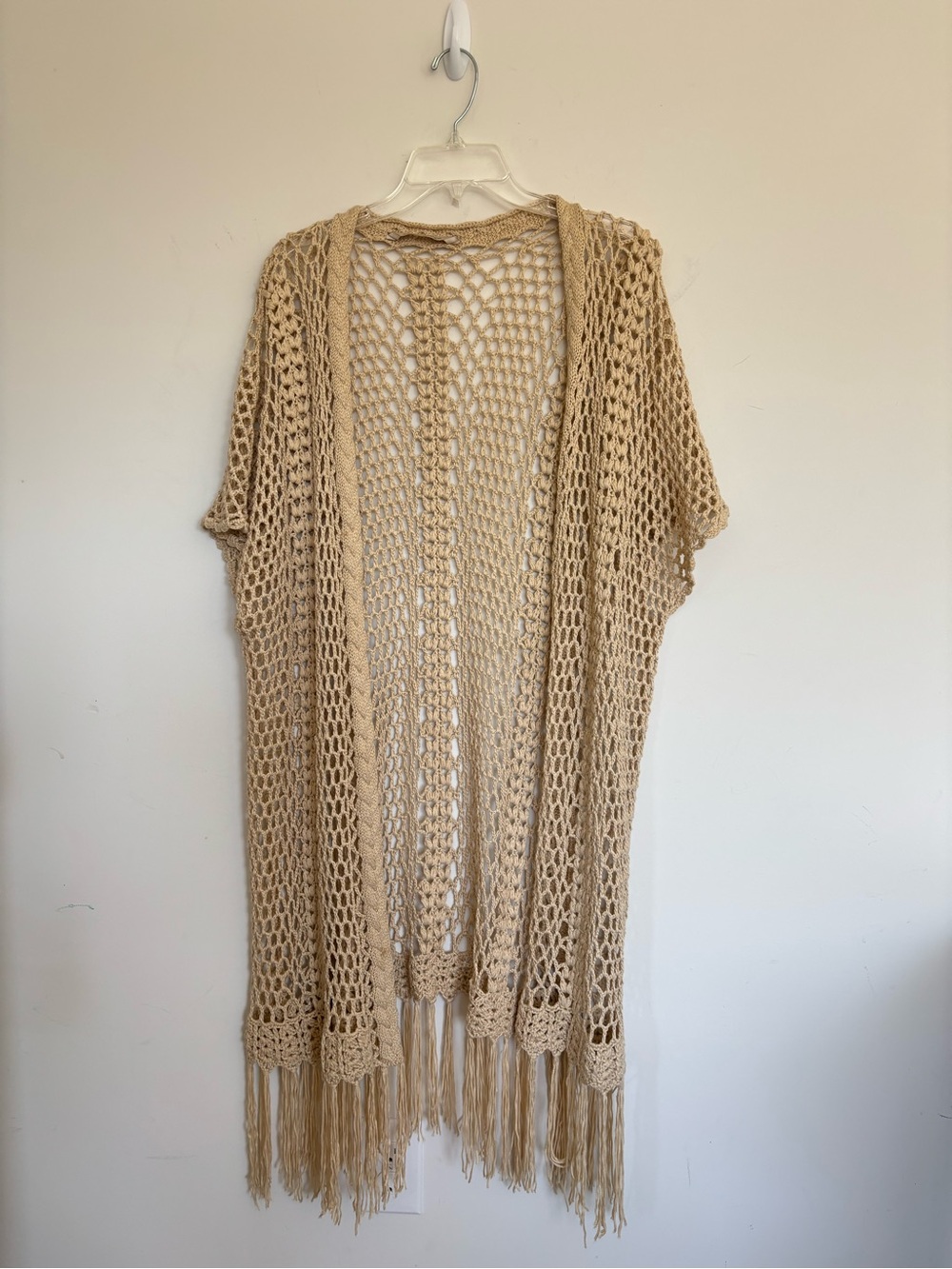 Soft Surroundings Open Crochet Fringe Kimono Beige Boho Festival Hippie One Size